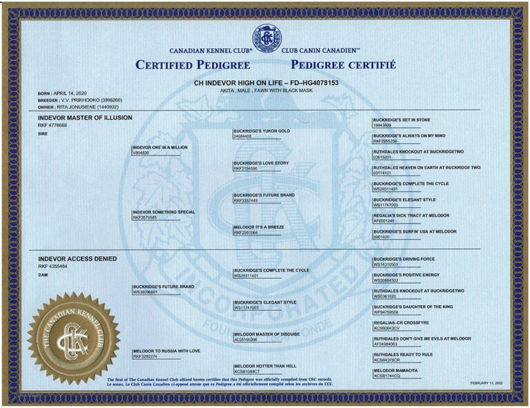 Lucky's Canadian Kennel Club Certified Pedigree
